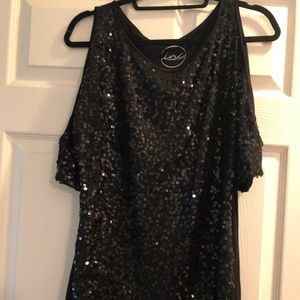 Black sequin cold shoulder blouse